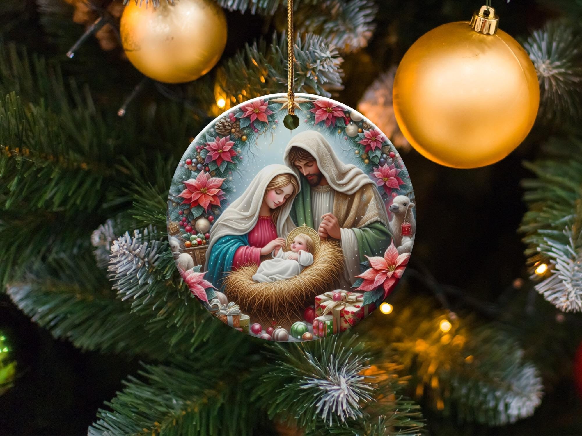 Nativity Scene Christmas Ornament, Holy Family Ornament, Ideas For Christmas Trees, Religious Gift, Baby Jesus Ornament, Poinsettia Ornament DCLAF03